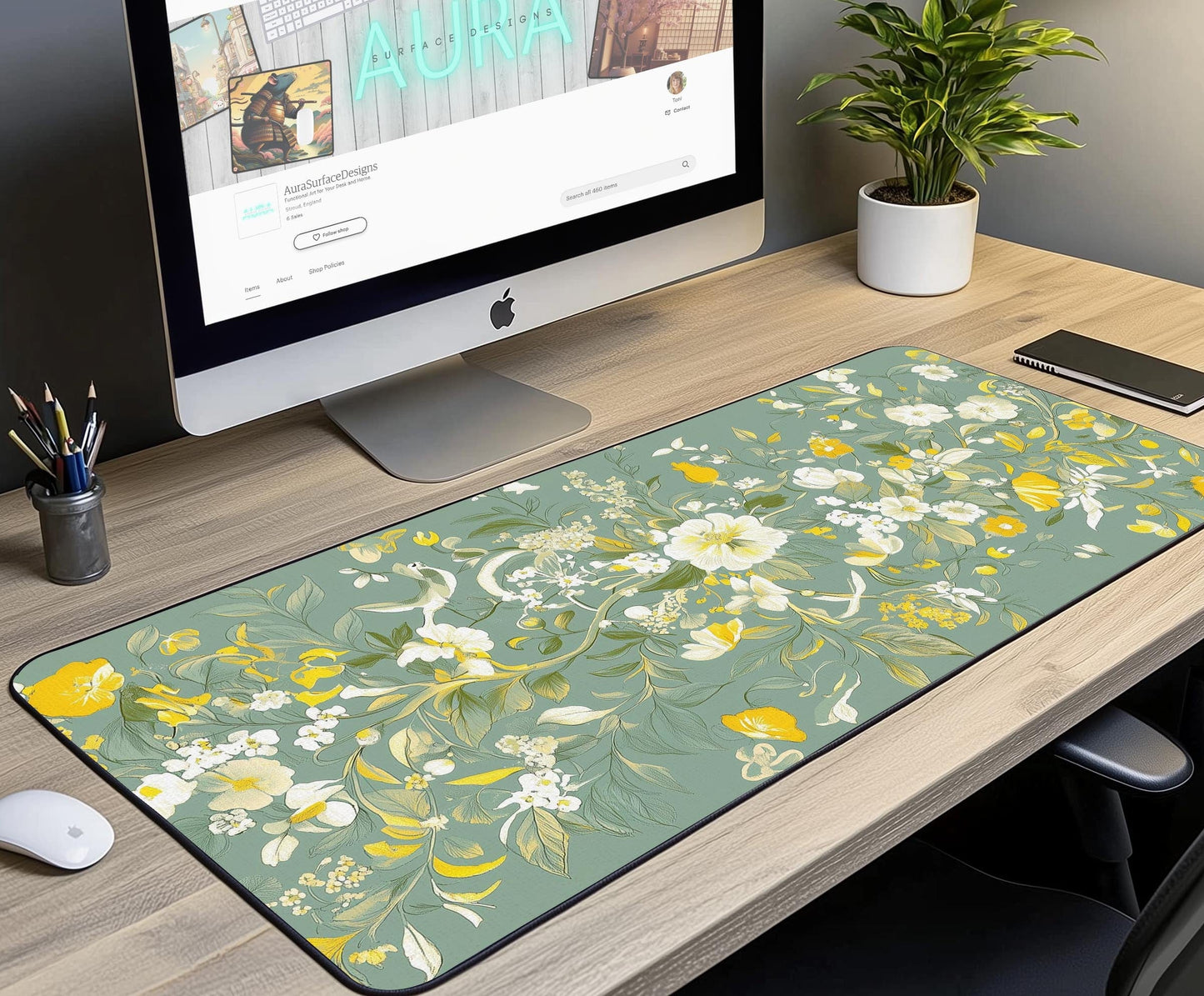 Floral Pattern Desk Mat | Alternative Office Decor | Multiple Size Options