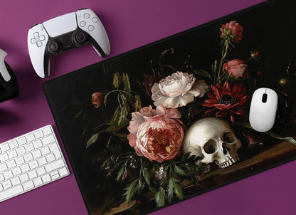 Dark Floral Skull Desk Mat | Alternative Office Decor | Multiple Size Options