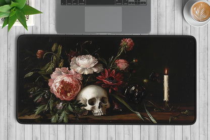 Dark Floral Skull Desk Mat | Alternative Office Decor | Multiple Size Options