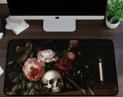 Dark Floral Skull Desk Mat | Alternative Office Decor | Multiple Size Options