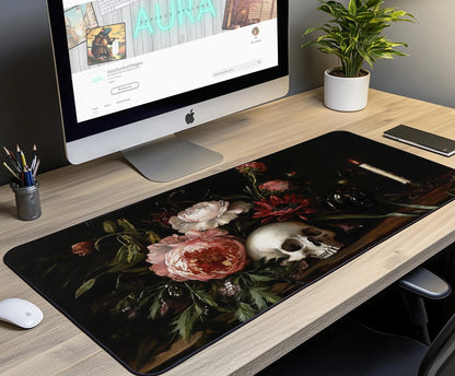 Dark Floral Skull Desk Mat | Alternative Office Decor | Multiple Size Options