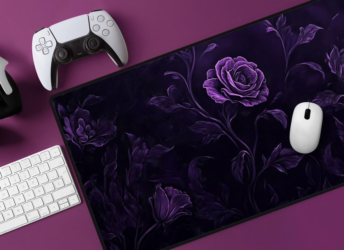 Dark Purple Floral Desk Mat | Alternative Office Decor | Multiple Size Options