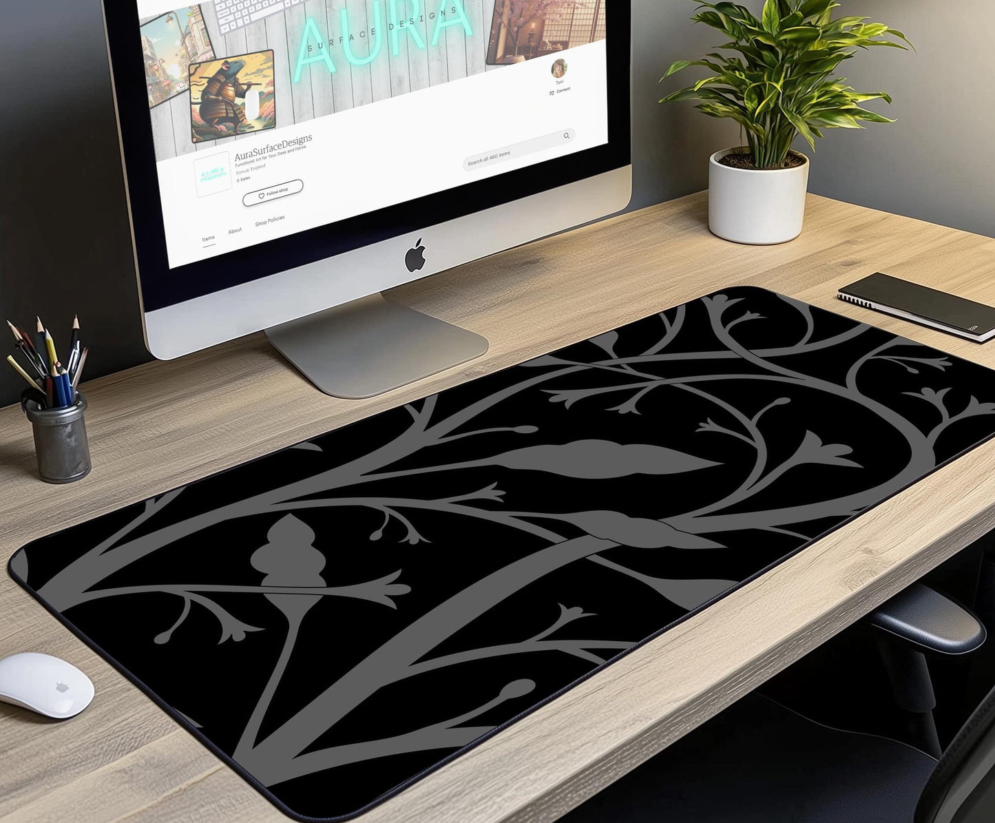 Dark Floral Desk Mat | Alternative Office Decor | Multiple Size Options