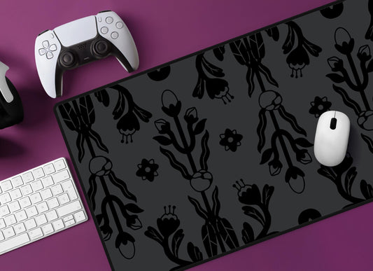 Dark Floral Pattern Desk Mat | Alternative Office Decor | Multiple Size Options