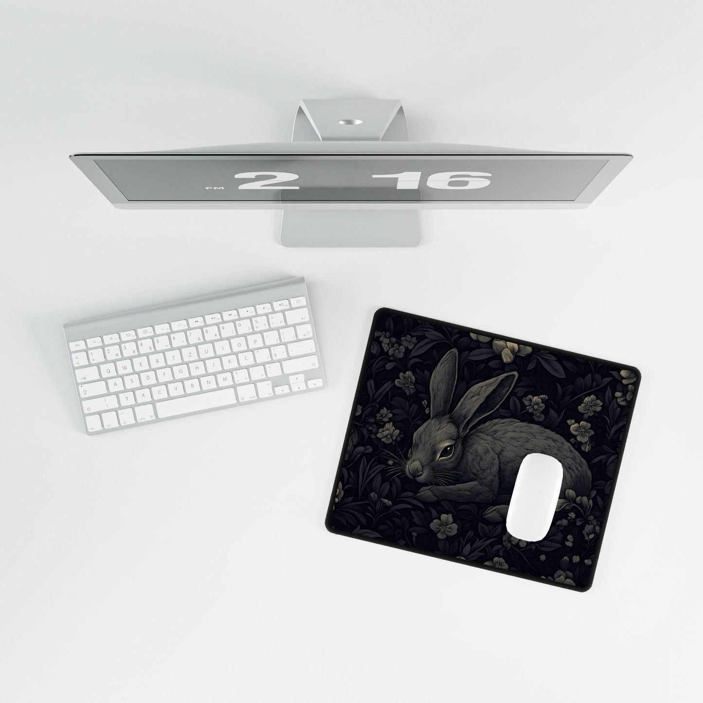 Black Floral Rabbit Desk Mat | Alternative Office Decor | Multiple Size Options