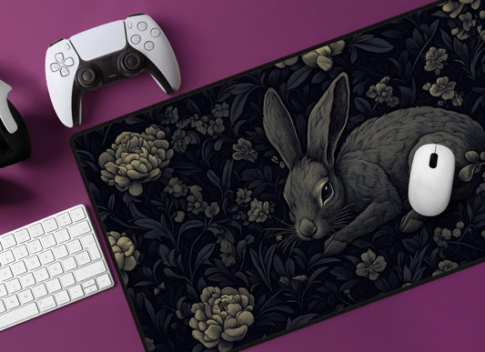 Black Floral Rabbit Desk Mat | Alternative Office Decor | Multiple Size Options