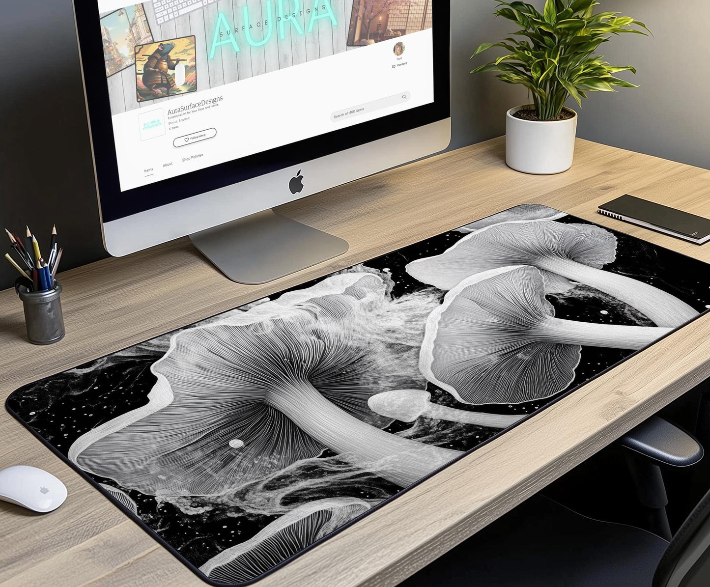 Black & White Mushrooms Desk Mat | Alternative Office Decor | Multiple Size Options