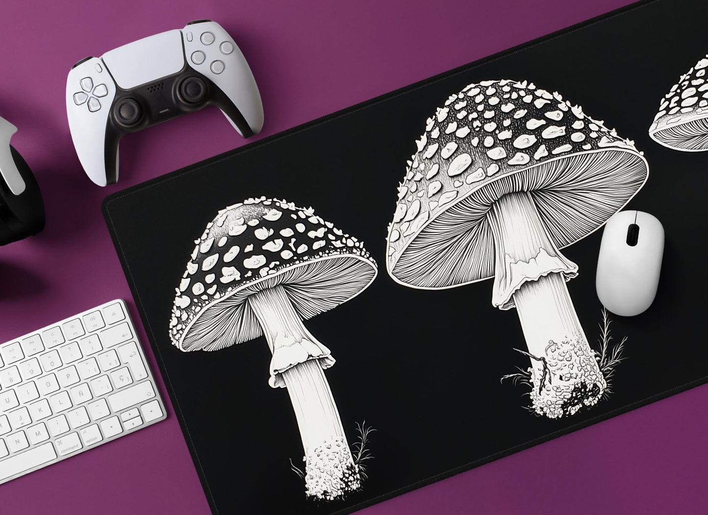 Black & White Mushroom Desk Mat | Alternative Office Decor | Multiple Size Options