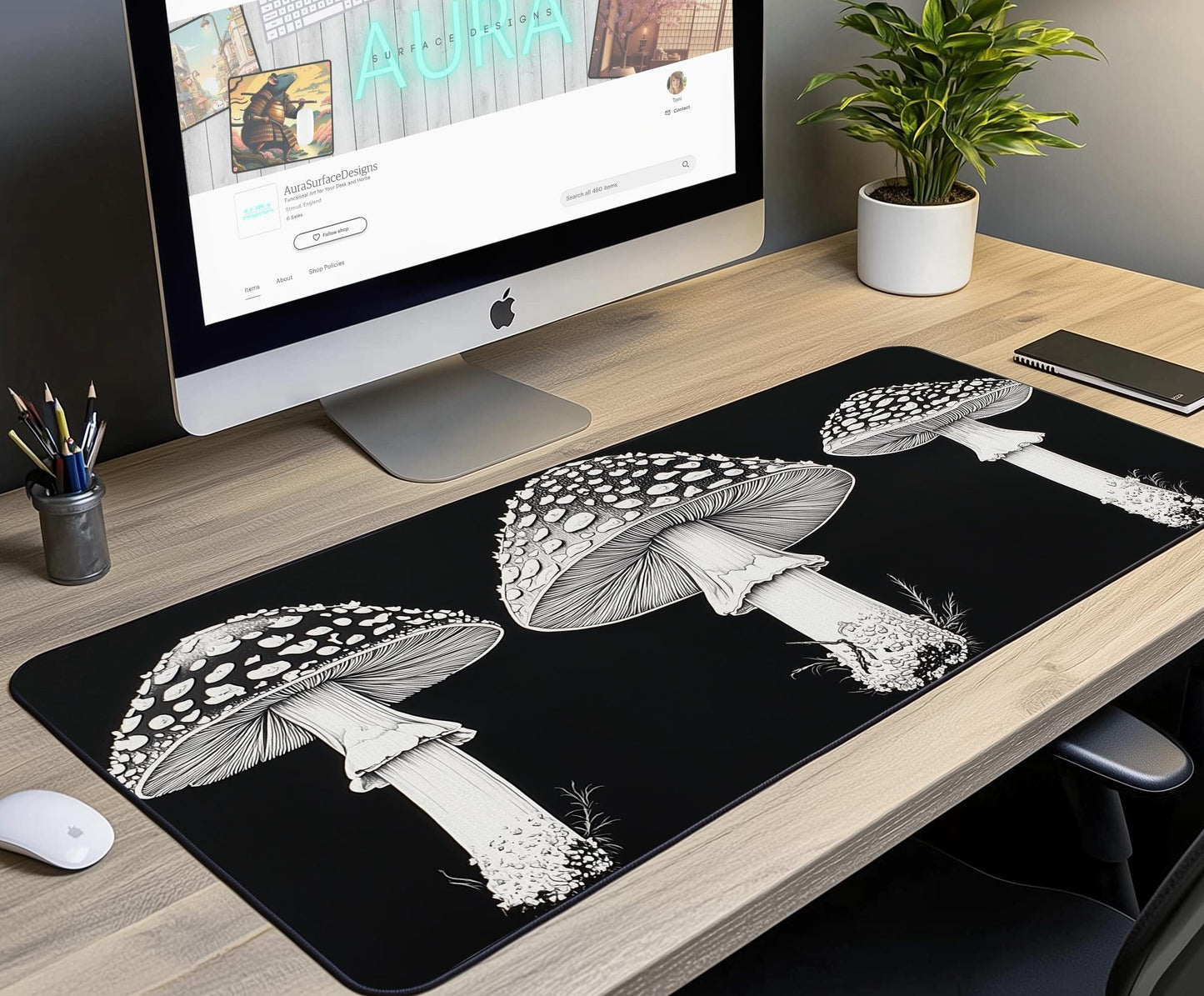 Black & White Mushroom Desk Mat | Alternative Office Decor | Multiple Size Options