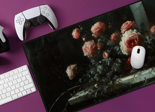 Dark Floral Roses Desk Mat | Alternative Office Decor | Multiple Size Options