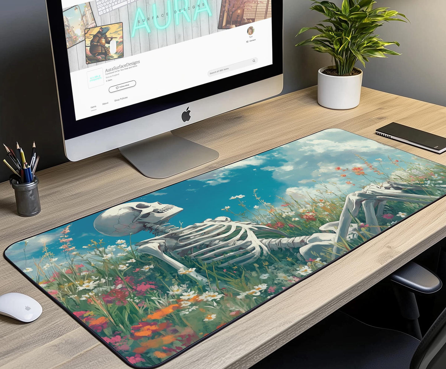 Skeleton & Flowers Desk Mat | Alternative Office Decor | Multiple Size Options